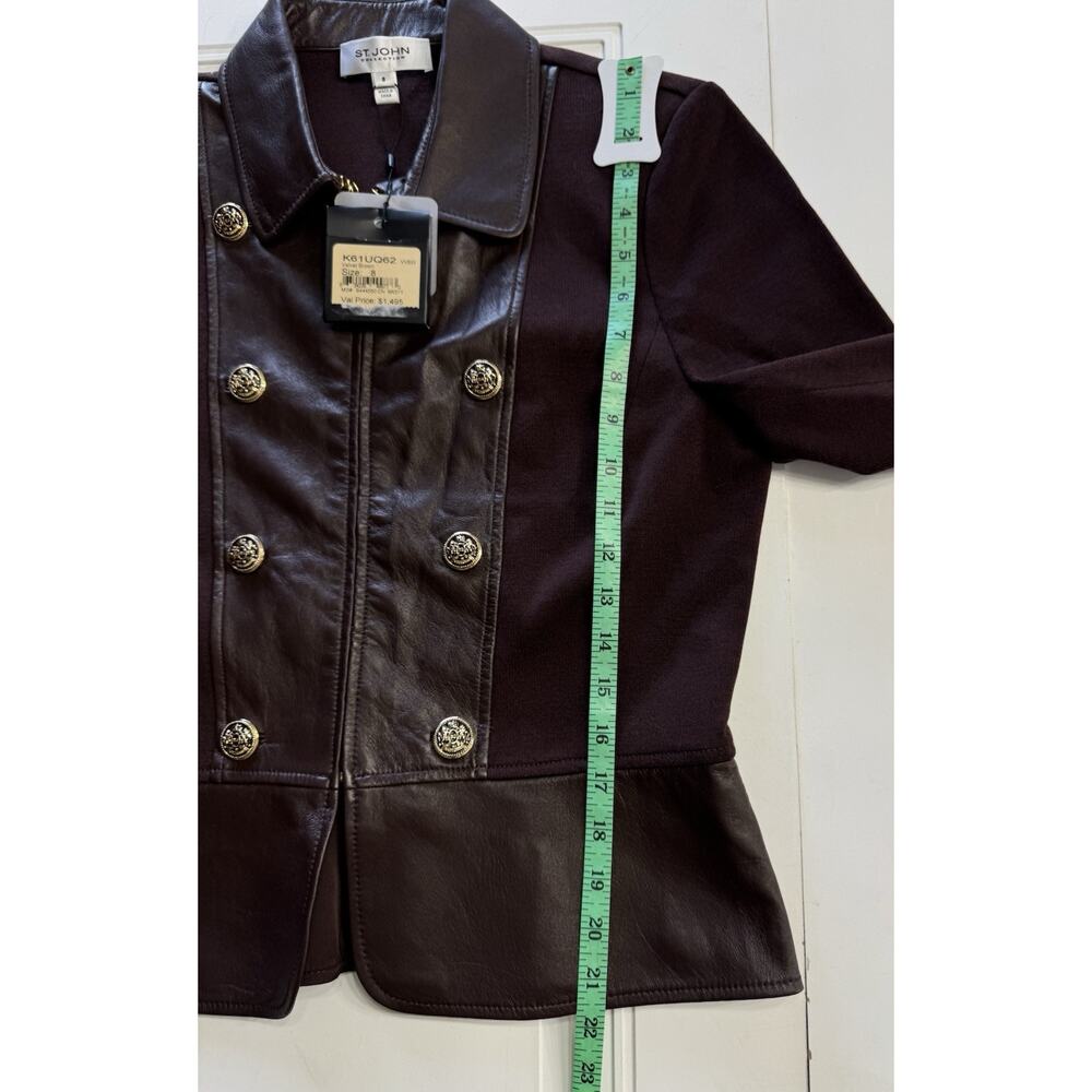 NWT $1495 St John Collection Brown Size 8 Wool Blend Leather Silk Jacket - Picture 7 of 8